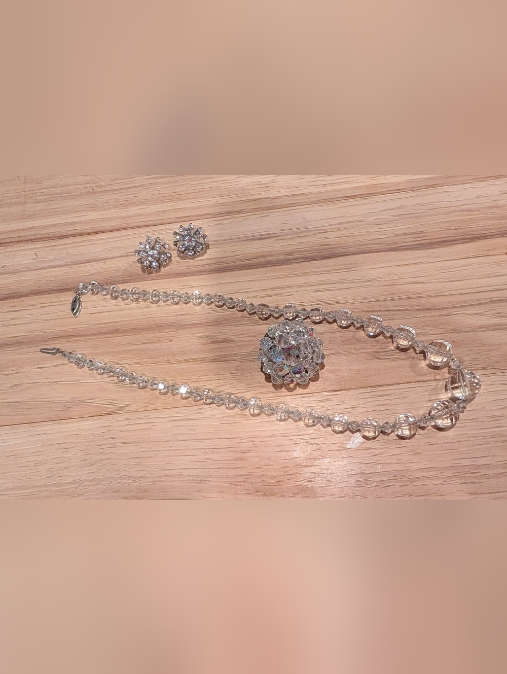 Vintage Crystal Necklace and Stud Earrings With Cluster Brooch